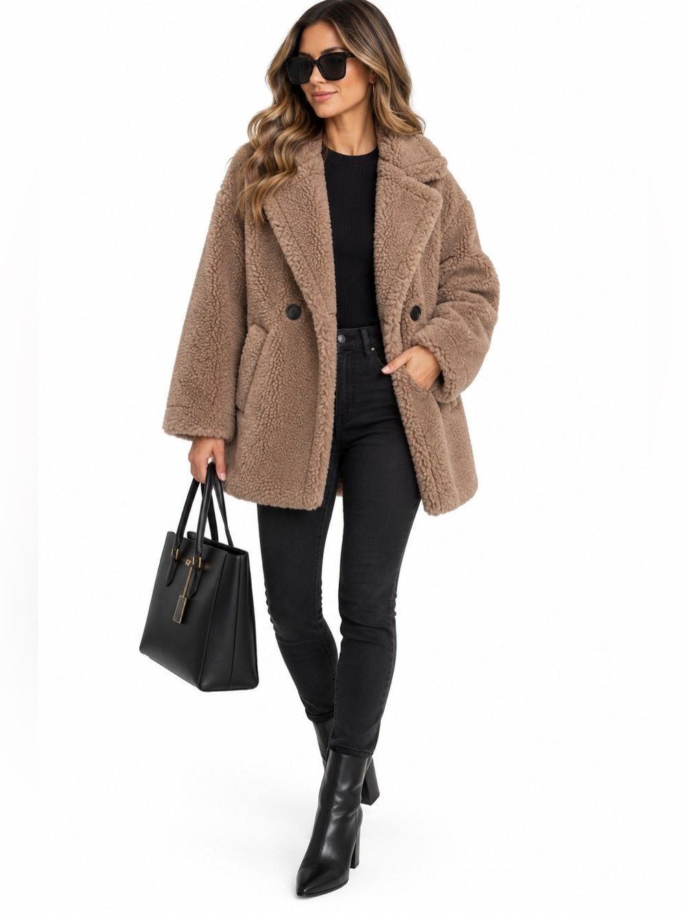 SHEIN Taupe Teddy Sherpa Double Breasted Coat Size S
